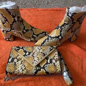 ALDO BLACK, YELLOW AND WHITE BOOTS AND MATCHING POCKETBOOK